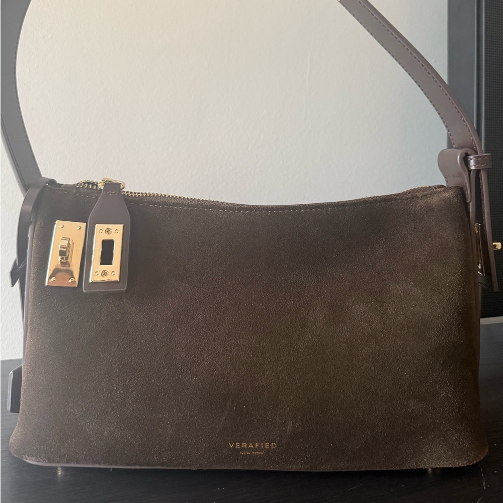 Verafied New York Gold Espresso Suede Hobo Bag